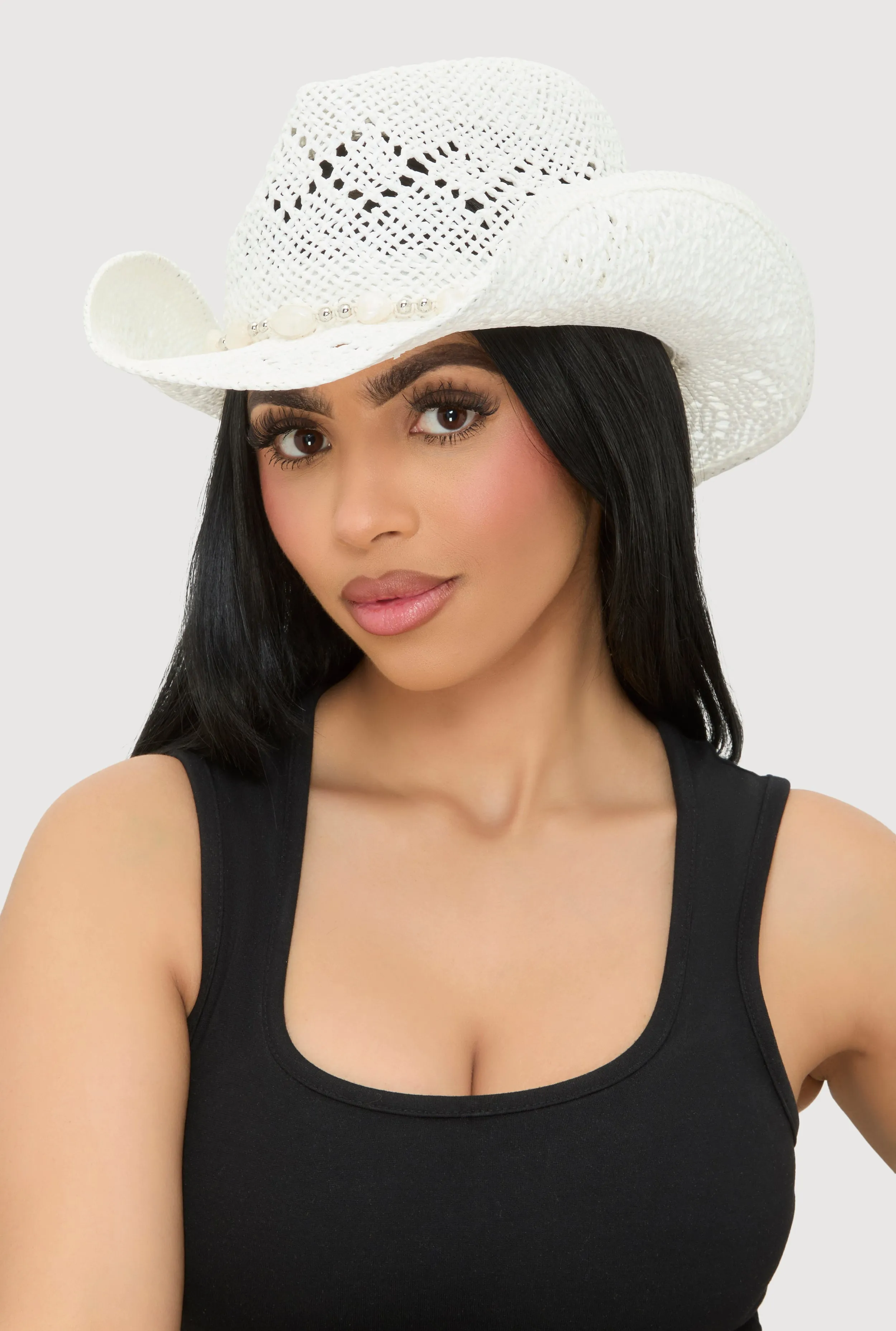 Beaded Trim Straw Cowboy Hat